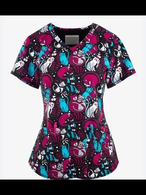 Skechers Women’s V-Neck Cat Print Scrub Top in Black, Magenta & Teal
